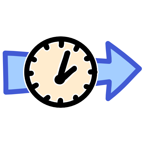 an off white clock sits on top of a blue arrow traveling to the right
